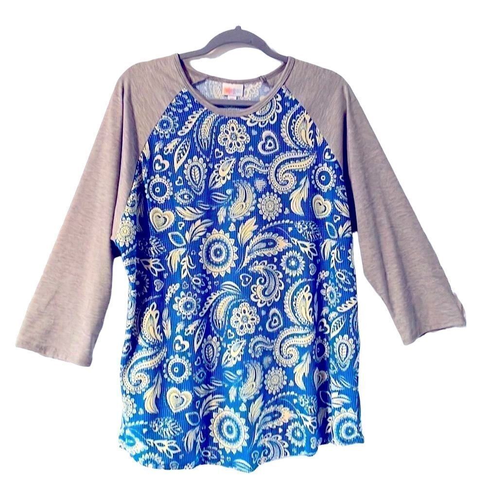 LuLaRoe Randy baseball style gray, blue, & light yellow raglan sleeve top 3X